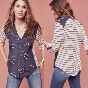 Anthropologie TINY Sima Mixed Print Floral Stripe Roll-Tab Sleeve Top - Medium